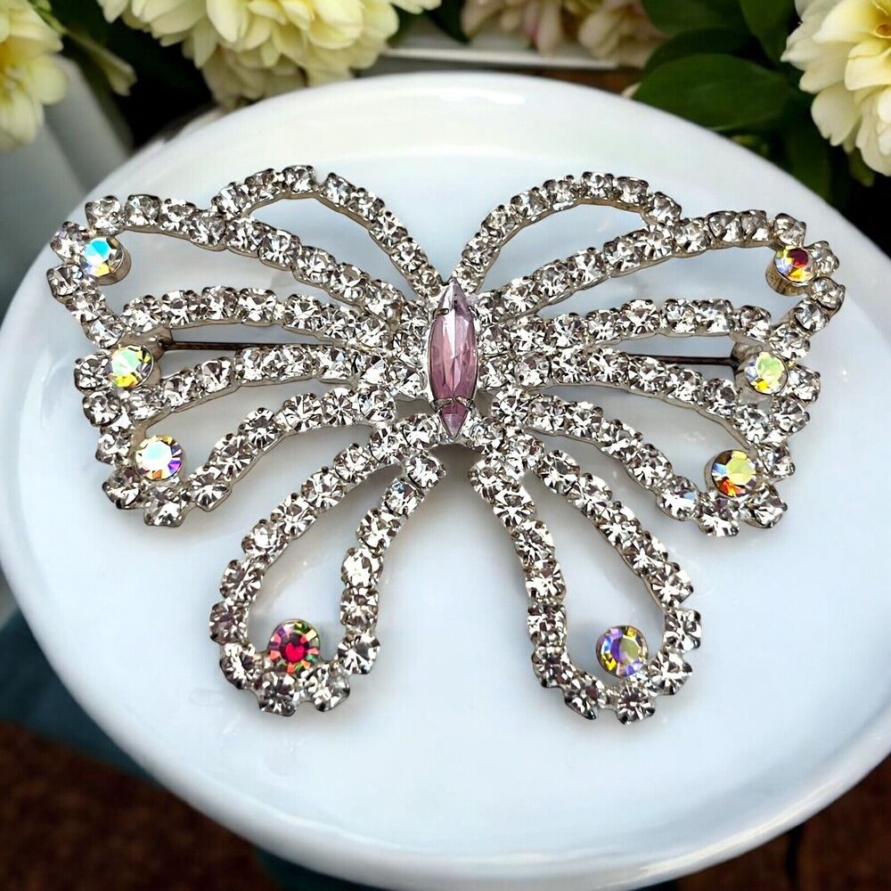 Vintage 1960s Butterfly Brooch Silver Tone Rhinestone Openwork Mid Century - 12V
